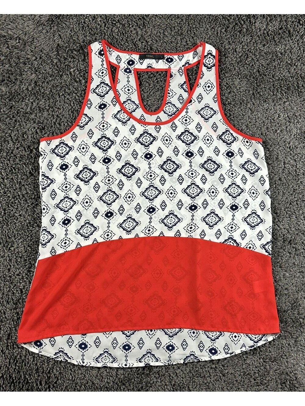THML Geometric Ikat Tank Top Womens L White Blue Red Colorblock Racerback Blouse